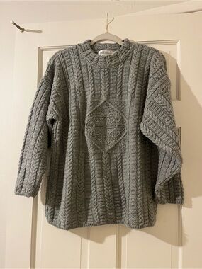VTG Thomas Keeling Knit Sweater 100% Pure Wool Gray Green Fisherman Size S/M